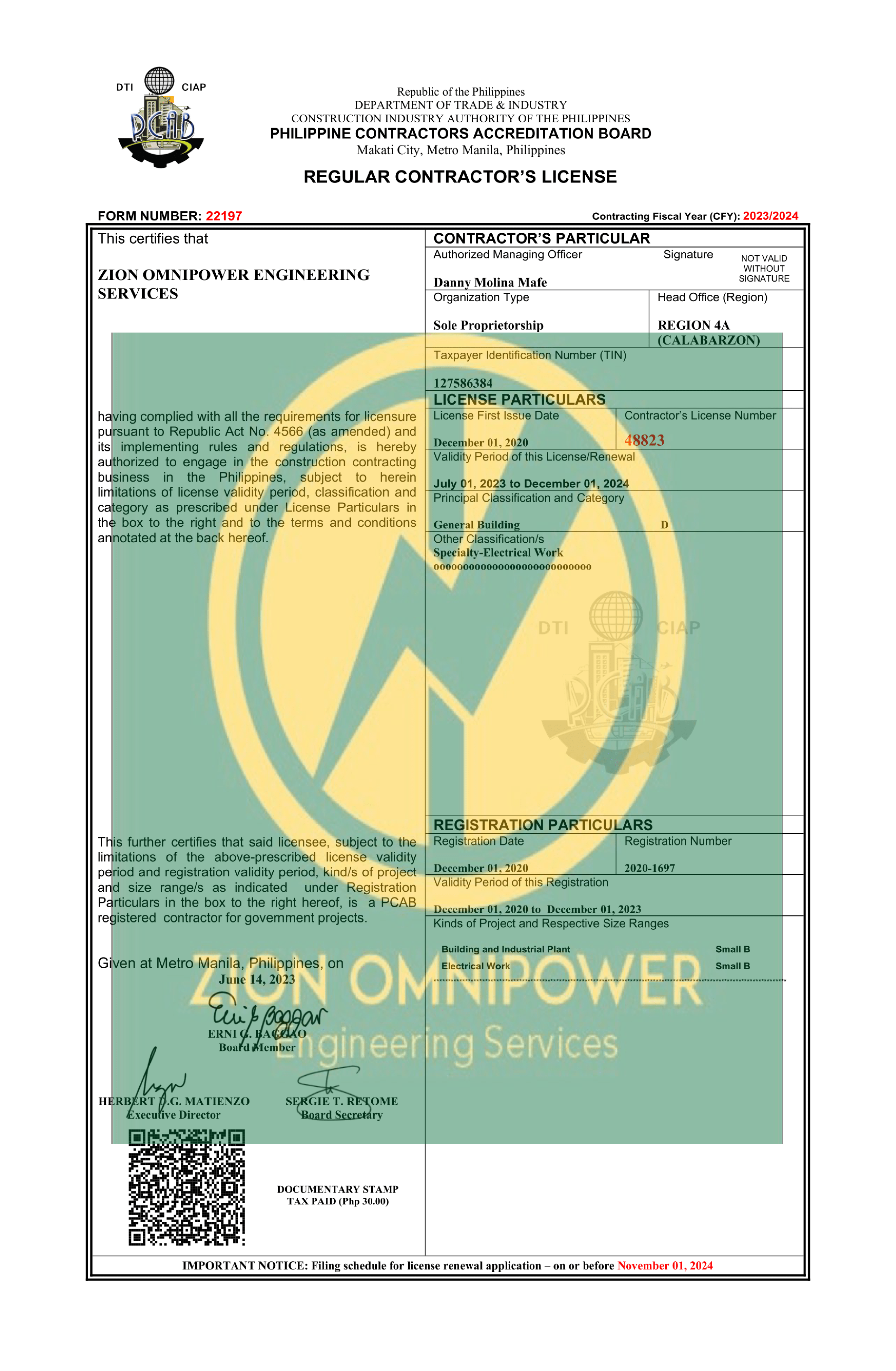 Zion Omnipower Engineering Services PCAB License 2022